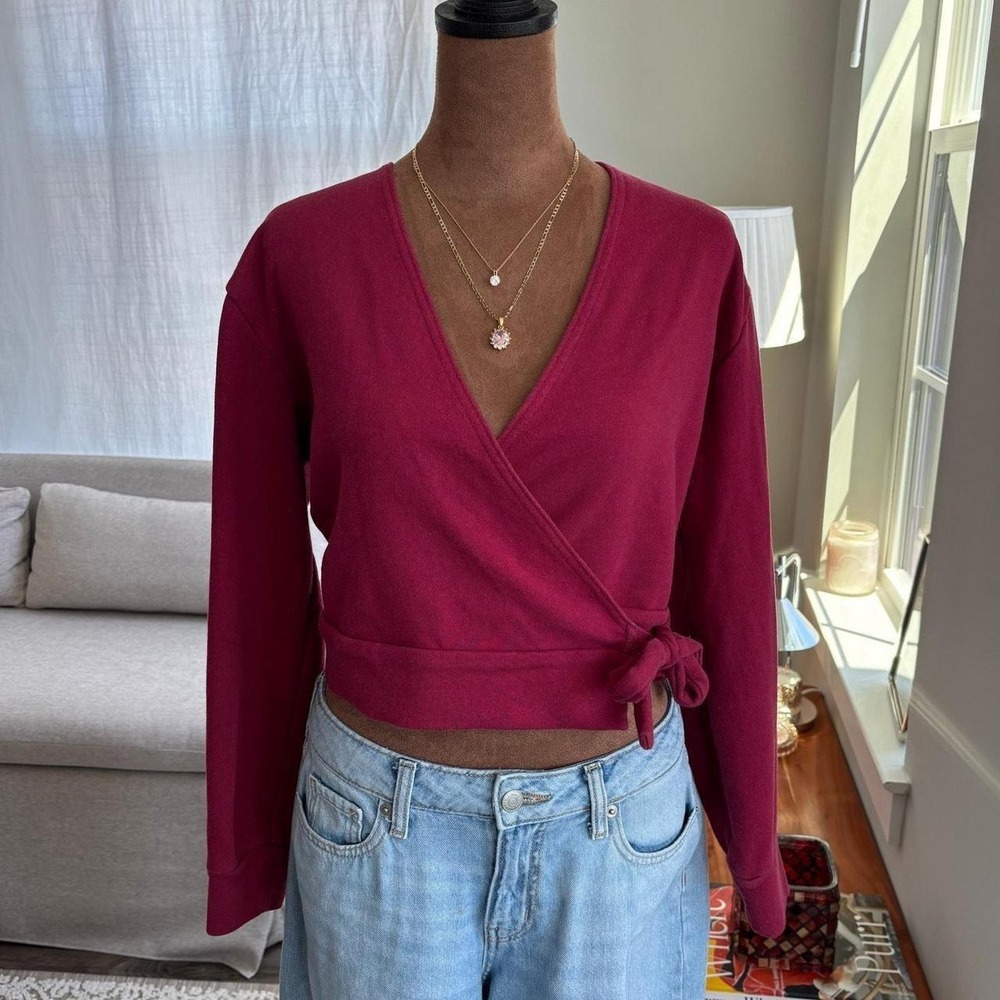 Fabletics Wrap Top Small Burgundy V Neck French Terry Yoga Mom Balletcore